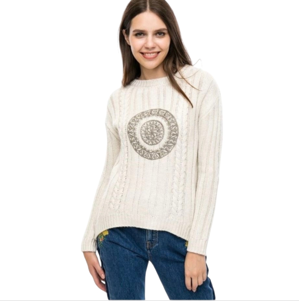 Cream Cable-Knit Sweater with Embroidered Medallion